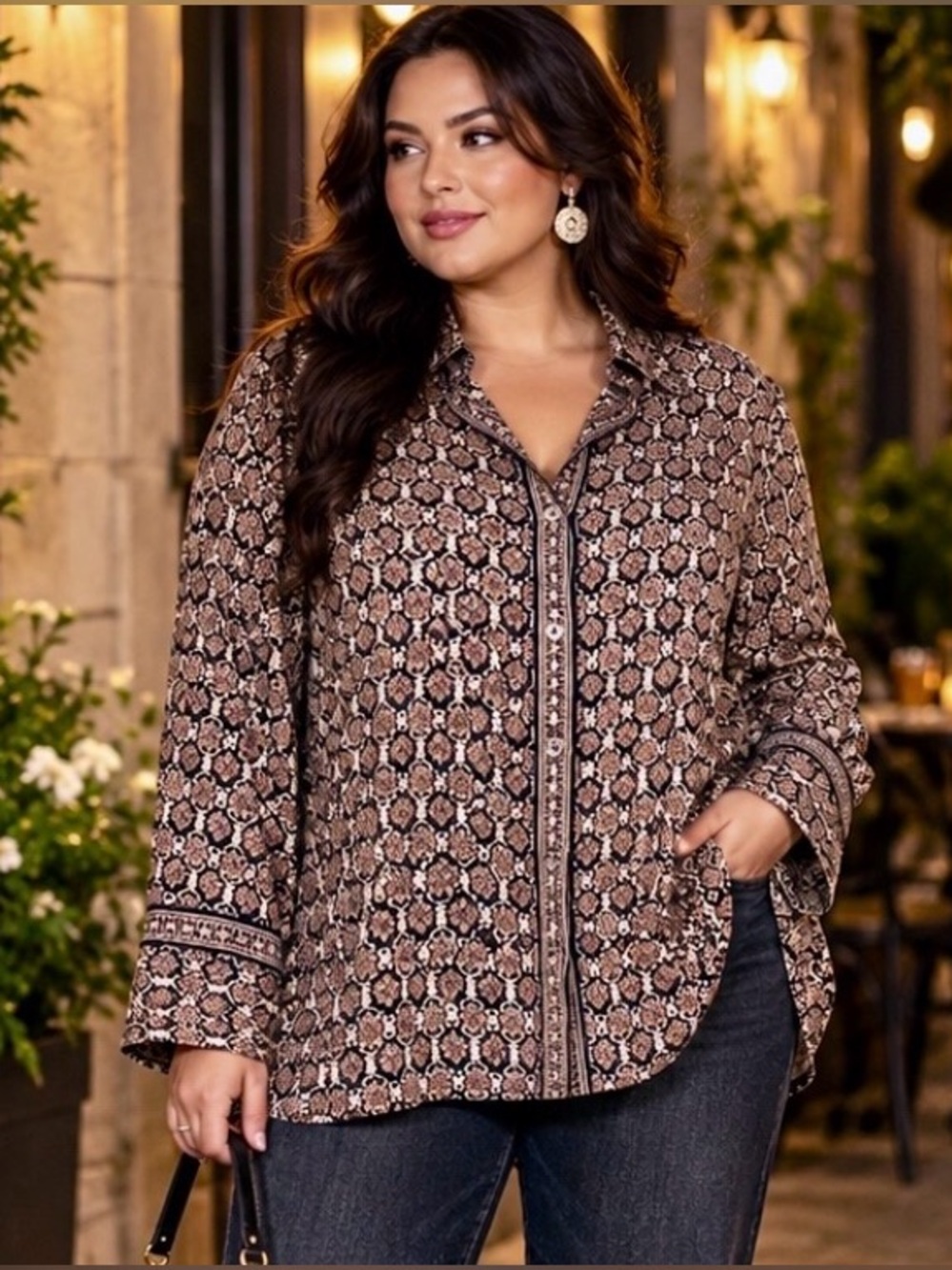 Max Studio 1X Boho Floral Print Button Down Tunic Blouse Bohemian Chic